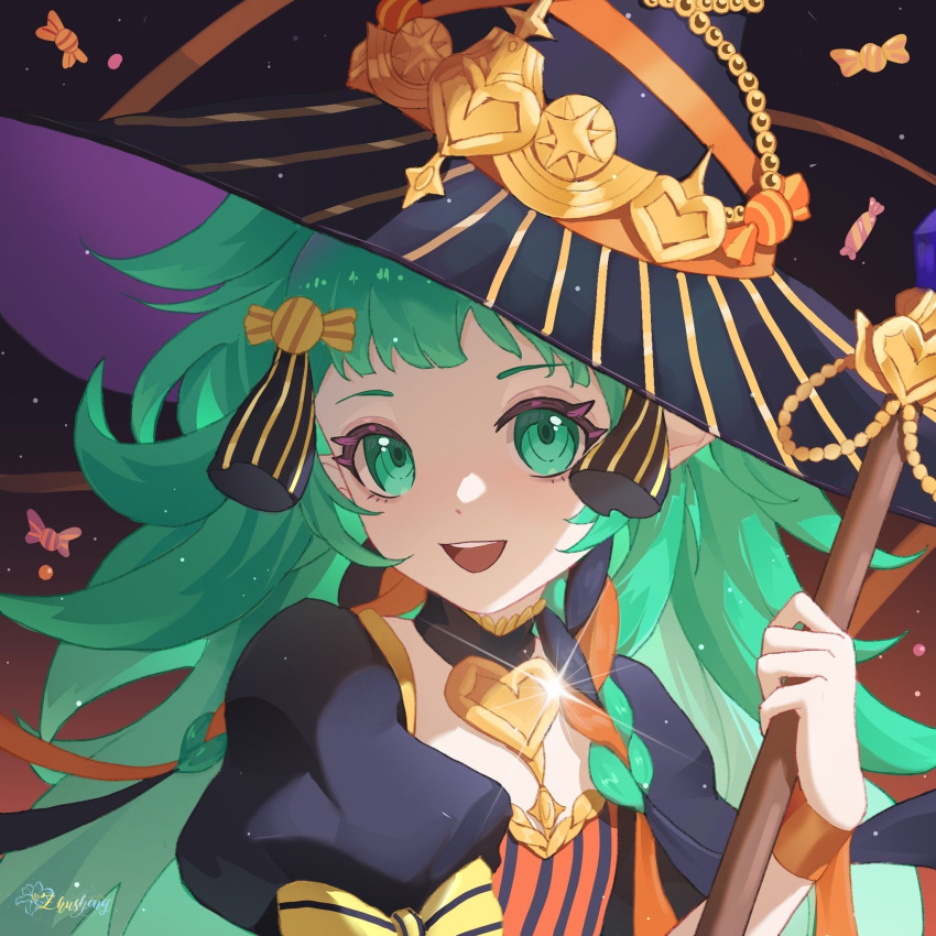 1girl black_dress black_headwear broom candy commentary dress fire_emblem fire_emblem:_three_houses fire_emblem_heroes food green_eyes green_hair halloween_costume hat highres holding holding_broom long_hair looking_at_viewer official_alternate_costume orange_dress pointy_ears puffy_short_sleeves puffy_sleeves short_sleeves smile solo sothis_(fire_emblem) sothis_(halloween)_(fire_emblem) teeth twintails two-tone_dress tzzis upper_teeth_only very_long_hair witch_hat