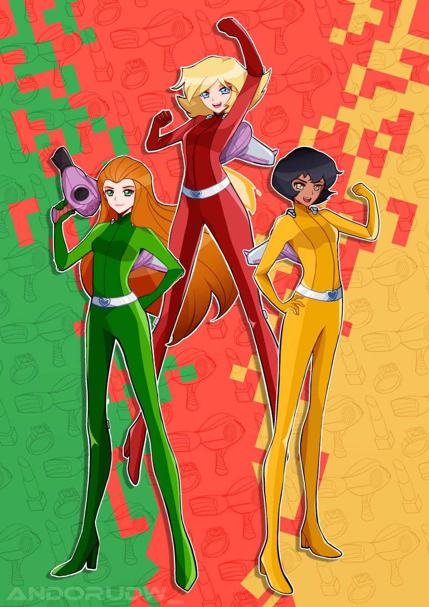 3girls absurdres alex_(totally_spies) andorudw artist_name black_hair blonde_hair blue_eyes bodysuit catsuit clover_(totally_spies) commentary english_commentary floating green_background green_bodysuit green_eyes hand_up heart high_heels highres holding holding_weapon jetpack long_hair multiple_girls orange_hair red_background red_bodysuit sam_(totally_spies) short_hair smile stiletto_heels teeth totally_spies twitter_username upper_teeth_only weapon whoop_catsuit yellow_background yellow_bodysuit yellow_eyes