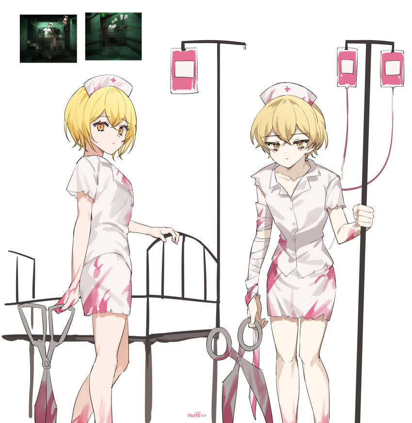 1boy 1girl absurdres bandaged_arm bandages bed blonde_hair blood blood_on_clothes censored closed_mouth don_quixote_(limbus_company) e.g.o_(project_moon) empty_eyes hat highres holding holding_scissors hospital_bed hydra_(limbus_company) limbus_company long_sleeves love_mintchoco nurse nurse_cap nymph_(limbus_company) pencil_skirt project_moon scissors shirt short_hair simple_background sinclair_(limbus_company) skirt white_background white_shirt white_skirt yellow_eyes