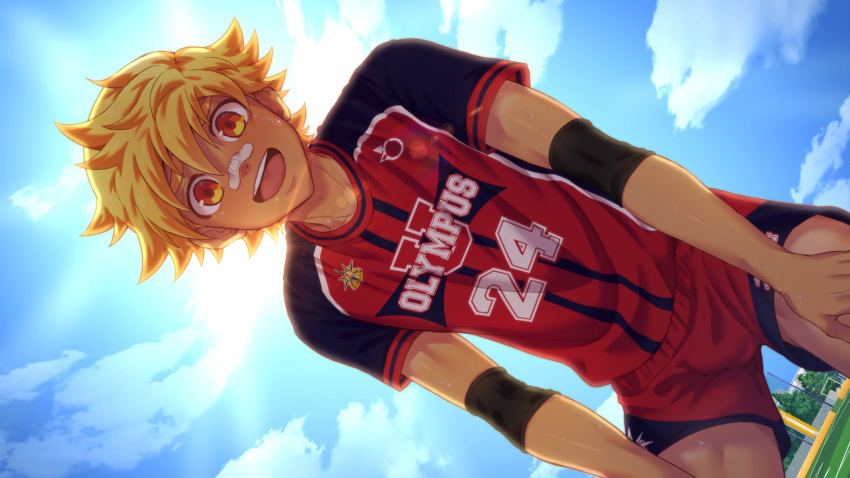 1boy bandaid bandaid_on_face bandaid_on_nose black_armband blonde_hair blue_sky clouds collaboration dutch_angle furrowed_brow highres jock_studio_(blits_games) leo_mendez_(jock_studio) looking_at_viewer male_focus mikkoukun non-web_source official_art open_mouth orange_eyes outdoors red_shirt red_shorts shade shirt short_hair short_sleeves shorts sky smile solo teeth tongue upper_teeth_only variant_set zamius