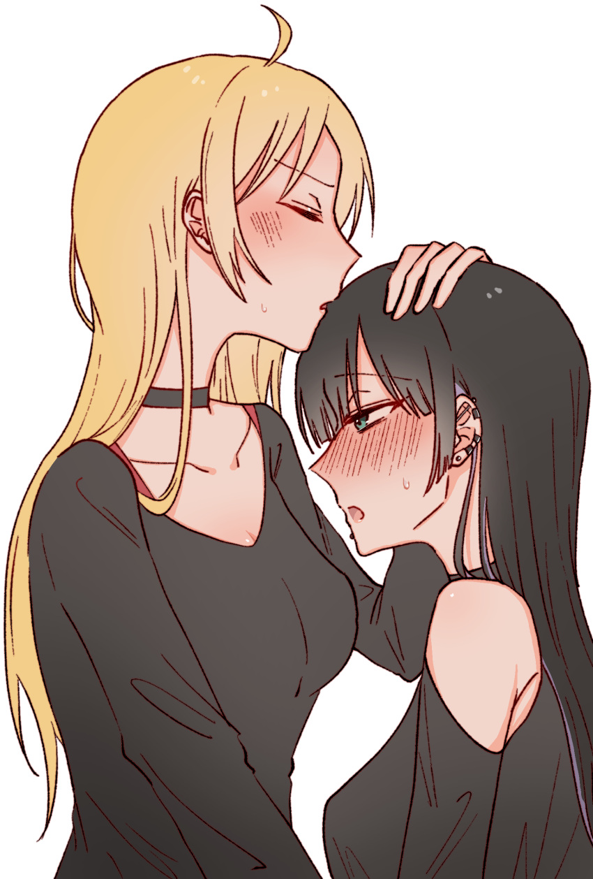 2girls ahoge black_hair blonde_hair blouse blush bocchi_the_rock! breasts choker closed_eyes collarbone earrings embarrassed green_eyes hand_on_another's_head highres ijichi_seika jewelry kissing_hair long_hair medium_breasts momuri18 multiple_girls open_mouth pa-san shirt simple_background sweatdrop upper_body white_background yuri