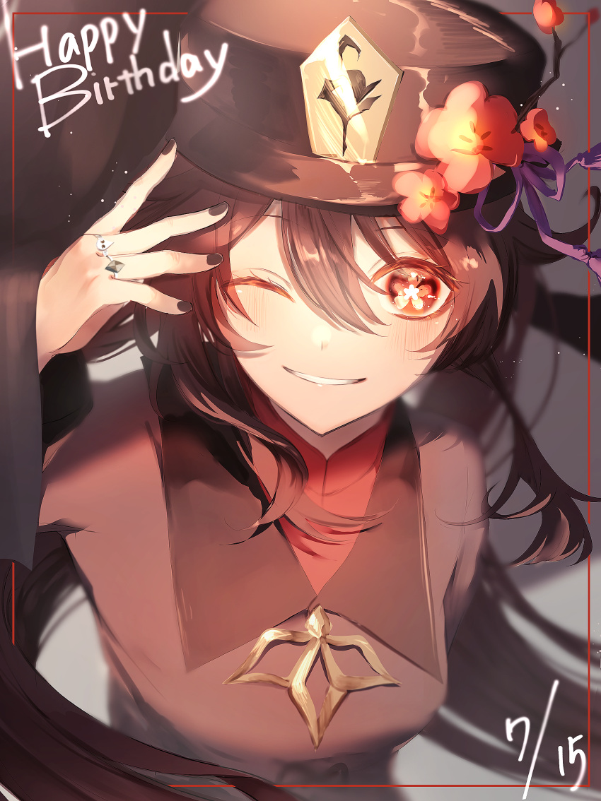 1girl absurdres black_coat black_nails blush brown_hair chinese_clothes coat commentary_request genshin_impact happy_birthday hat hibiya_saeki highres hu_tao_(genshin_impact) jewelry multiple_rings one_eye_closed parted_lips red_eyes ring smile solo upper_body