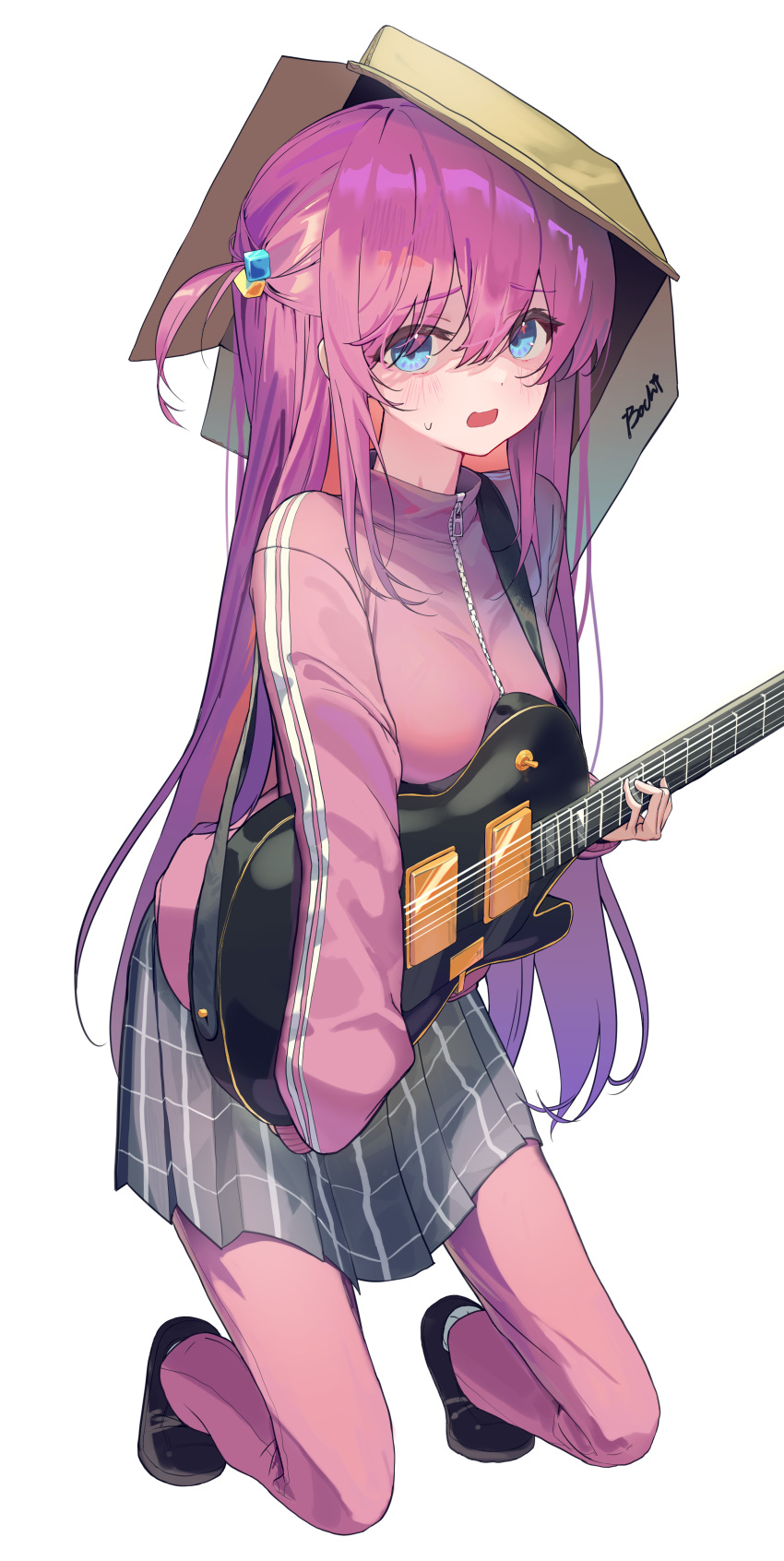 1girl absurdres black_footwear blue_eyes blush bocchi_the_rock! box breasts cardboard_box commentary cube_hair_ornament electric_guitar gibson_les_paul gotoh_hitori grey_skirt guitar hair_between_eyes hair_ornament hair_over_eyes highres holding holding_instrument instrument jacket kneeling loafers long_hair long_sleeves looking_at_viewer lovelyme medium_breasts one_side_up open_mouth pants pants_under_skirt pink_hair pink_jacket pink_pants plaid plaid_skirt pleated_skirt shoes simple_background skirt sleeves_past_wrists solo sweatdrop symbol-only_commentary track_jacket track_pants white_background