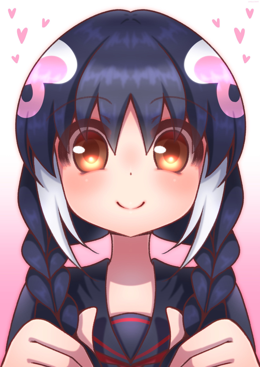 1girl absurdres african_penguin_(kemono_friends) black_hair heart highres hikarikmy kemono_friends kemono_friends_v_project long_hair looking_at_viewer multicolored_hair penguin_girl pink_background pink_hair red_eyes sailor_collar school_uniform simple_background smile solo virtual_youtuber white_hair