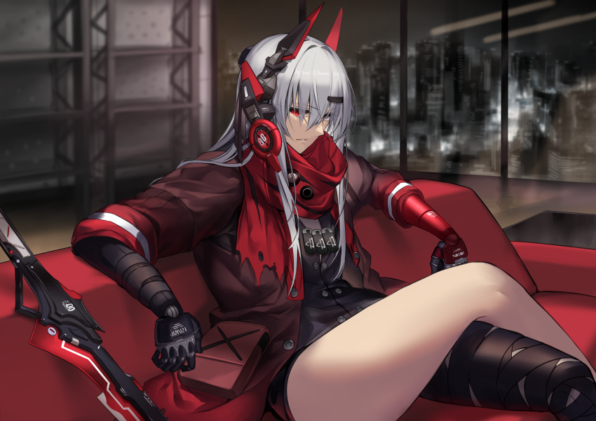 1girl absurdres alpha_(punishing:_gray_raven) bandaged_leg bandages black_bandages black_shirt buttons couch crossed_legs dog_tags grey_eyes grey_hair hair_ornament hair_over_eyes hairclip headgear headphones heterochromia highres jacket karlwolf long_hair lucia:_crimson_abyss_(punishing:_gray_raven) mechanical_arms on_couch open_clothes open_jacket parted_lips punishing:_gray_raven red_eyes red_jacket red_scarf scarf shirt sidelocks solo sword weapon