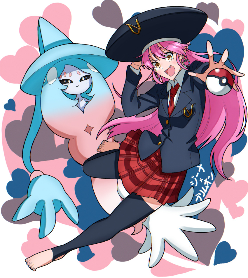 1girl :d black_headwear black_thighhighs character_name earrings fang full_body gina_(undead_unluck) hand_up hat hatterene heart highres holding holding_poke_ball jewelry long_hair long_sleeves necktie pink_hair plaid plaid_skirt poke_ball pokemon pokemon_(creature) red_necktie red_skirt shishiruto skirt smile stirrup_legwear suit thigh-highs toeless_legwear undead_unluck very_long_hair