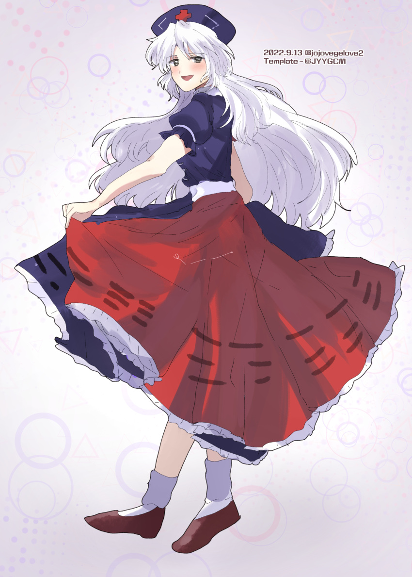 1girl absurdres blue_dress brown_footwear collared_dress constellation constellation_print cross dress frilled_dress frills grey_eyes grey_hair hat highres imperishable_night ing'yeo_soyeo long_hair multicolored_clothes multicolored_dress nurse_cap open_mouth petticoat puffy_short_sleeves puffy_sleeves red_cross red_dress sash short_sleeves skirt_hold socks solo touhou trigram two-tone_dress very_long_hair white_hair white_sash yagokoro_eirin