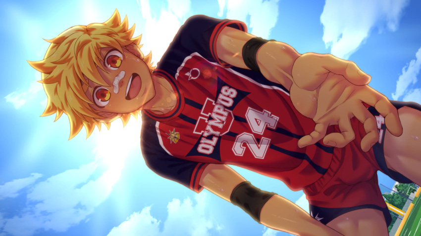 1boy bandaid bandaid_on_face bandaid_on_nose black_armband blonde_hair blue_sky clouds collaboration dutch_angle highres jock_studio_(blits_games) leo_mendez_(jock_studio) looking_at_viewer male_focus mikkoukun non-web_source official_art open_mouth orange_eyes outdoors reaching reaching_towards_viewer red_shirt red_shorts shade shirt short_hair short_sleeves shorts sky solo teeth tongue upper_teeth_only variant_set zamius
