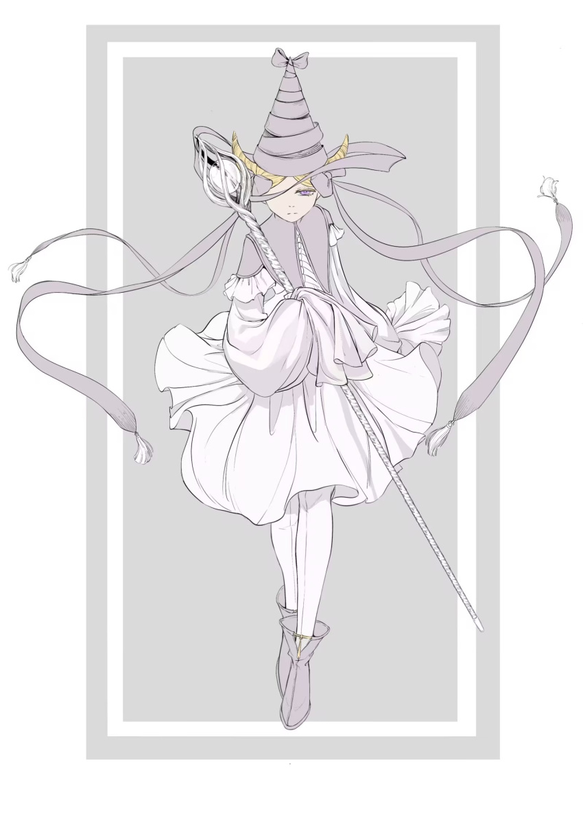 1girl ankle_boots blonde_hair boots bow double_bun dress fake_horns frilled_sleeves frills frown full_body grey_bow grey_ribbon hair_bow hair_bun hair_ribbon hat hat_bow highres holding holding_staff horns ininia_(tongari_boushi_no_atelier) long_sleeves looking_at_viewer one_eye_covered orb pantyhose pointy_hair puffy_long_sleeves puffy_sleeves ribbon sleeves_past_fingers sleeves_past_wrists solo staff tassel tongari_boushi_no_atelier violet_eyes white_dress wizard_hat yooooo53871