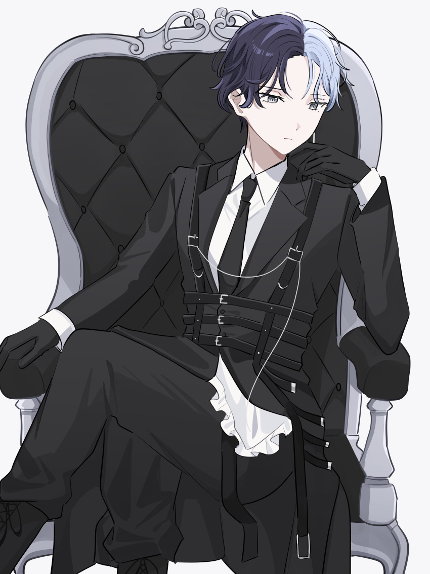 1boy absurdres aoyagi_touya black_necktie blue_hair closed_mouth collared_shirt commentary_request dark_blue_hair grey_background grey_shirt hand_up harness highres long_sleeves male_focus mole mole_under_eye multicolored_hair mykisnk necktie project_sekai shirt short_hair sitting solo split-color_hair two-tone_hair zozotown