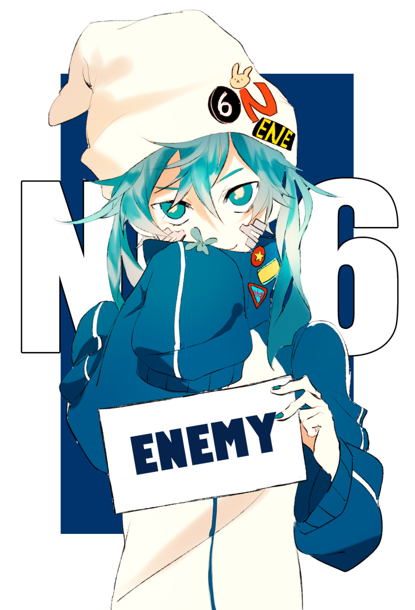 1girl badge beanie blue_background blue_eyes blue_hair blue_jacket blue_nails button_badge casual character_name closed_mouth collared_jacket covering_mouth ene_(kagerou_project) english_text facial_mark fingernails hair_between_eyes hand_over_own_mouth hat hat_ornament headwear_writing highres holding holding_sign jacket jinzou_enemy_(vocaloid) kagerou_project long_hair looking_at_viewer lunar_base_(i-ekk) multicolored_clothes multicolored_jacket outside_border popped_collar rabbit_head sanpaku sign simple_background single_stripe sleeves_past_fingers sleeves_past_wrists smile solo star_(symbol) striped track_jacket triangle tsurime two-tone_background two-tone_jacket upper_body very_long_sleeves white_background white_headwear white_jacket white_stripes