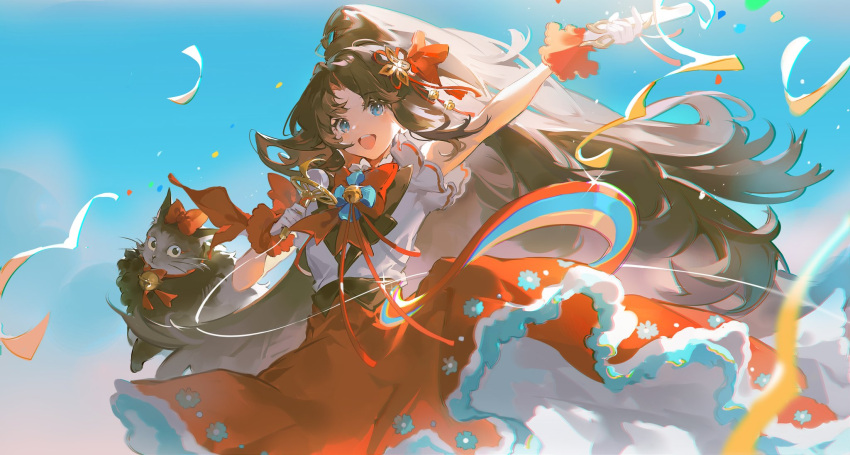 1girl arm_up bell blue_eyes blue_sky bow bowtie brown_hair cat character_request dress floating_hair gloves hair_between_eyes hair_ornament highres holding holding_microphone jingle_bell long_dress long_hair looking_at_viewer microphone onmyoji open_mouth parted_bangs red_dress red_ribbon ribbon sky sleeveless smile solo standing very_long_hair white_gloves yunouou10