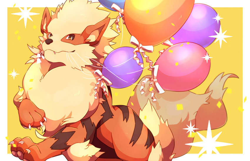 :3 animal_focus arcanine balloon blurry border bow bright_pupils brown_eyes claws closed_mouth commentary_request depth_of_field fang fang_out fluffy happy highres ktyon3 looking_at_viewer mouth_hold neck_fur no_humans outside_border partial_commentary pawpads pokemon pokemon_(creature) simple_background smile solo sparkle string white_border white_bow white_pupils yellow_background