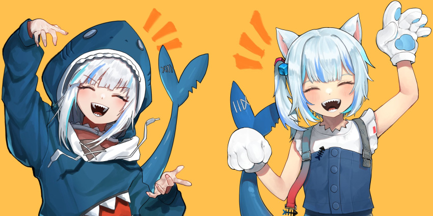 1girl animal_costume animal_ears animal_hands animal_hood arm_up blue_hair blue_hoodie cat_ears closed_eyes cube_hair_ornament eungi fins fish_tail gawr_gura gawr_gura_(1st_costume) gawr_gura_(2nd_costume) gloves grey_hair hair_ornament highres hololive hololive_english holomyth hood hoodie medium_hair multicolored_hair official_alternate_costume one_side_up open_mouth overalls paw_gloves shark_costume shark_girl shark_hood shark_print shark_tail sharp_teeth shirt solo streaked_hair tail teeth virtual_youtuber white_shirt