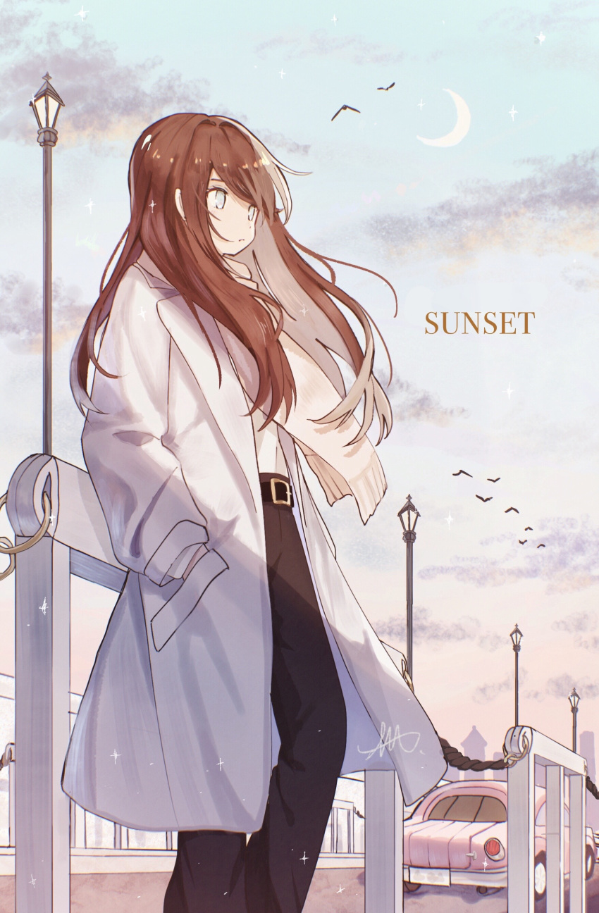 1girl absurdres belt black_belt black_pants blue_sky brown_hair closed_mouth clouds cloudy_sky coat evening hands_in_pockets highres long_hair long_sleeves moon nyanaya open_clothes open_coat original pants scarf sky solo standing white_coat white_scarf