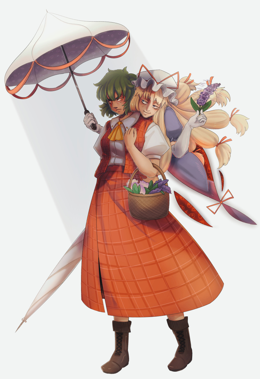2girls absurdres annoyed ascot blonde_hair boots breasts brown_footwear closed_mouth collared_shirt commentary_request dress elbow_gloves flower frown full_body gap_(touhou) gloves green_hair hat hat_ribbon highres kazami_yuuka long_hair long_skirt looking_at_another lunaticlunarian medium_bangs medium_breasts mob_cap multiple_girls old old_woman parasol plaid plaid_skirt plaid_vest purple_dress purple_flower red_eyes red_ribbon red_skirt red_vest ribbon shirt short_hair sidelocks simple_background skirt skirt_set smile touhou umbrella very_long_hair vest violet_eyes white_background white_gloves white_headwear white_shirt white_umbrella wrinkled_skin yakumo_yukari yellow_ascot