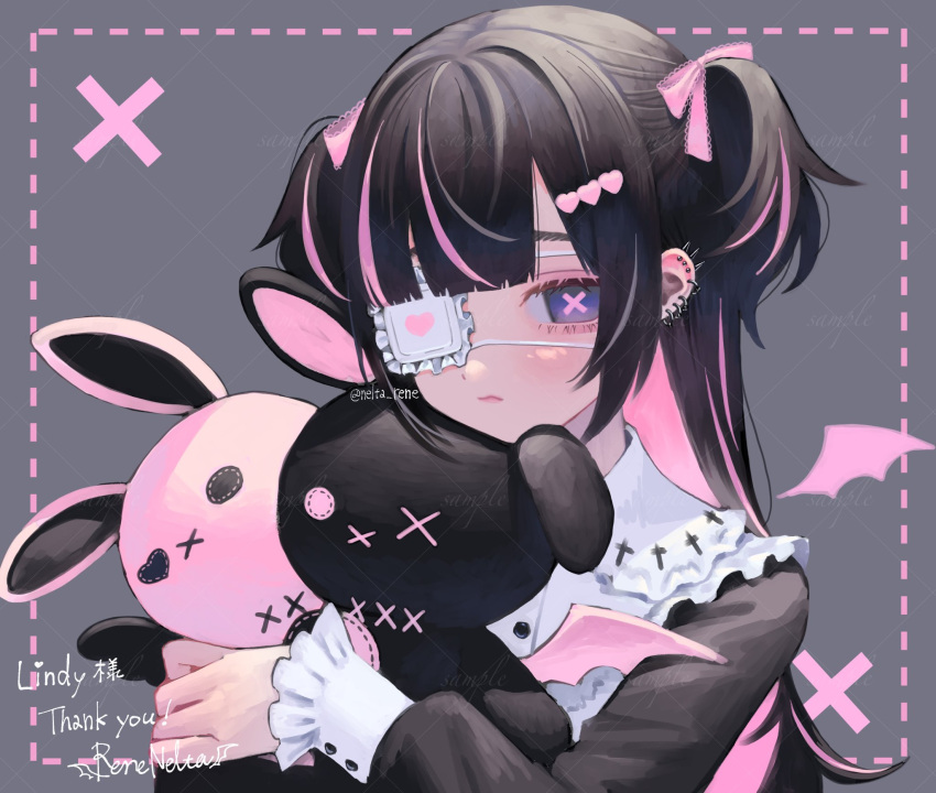 1girl artist_name black_dress black_hair blunt_bangs buttons check_copyright copyright_request cross_in_eye demon_wings detached_wings doll_hug dress ear_piercing earrings eyepatch frilled_eyepatch grey_background hair_ribbon hand_up highres holding holding_stuffed_toy jewelry lace-trimmed_ribbon lace_trim long_sleeves nelta_rene object_hug original piercing pink_hair pink_ribbon ribbon solo stuffed_animal stuffed_rabbit stuffed_toy thank_you translation_request two_side_up upper_body white_dress wings