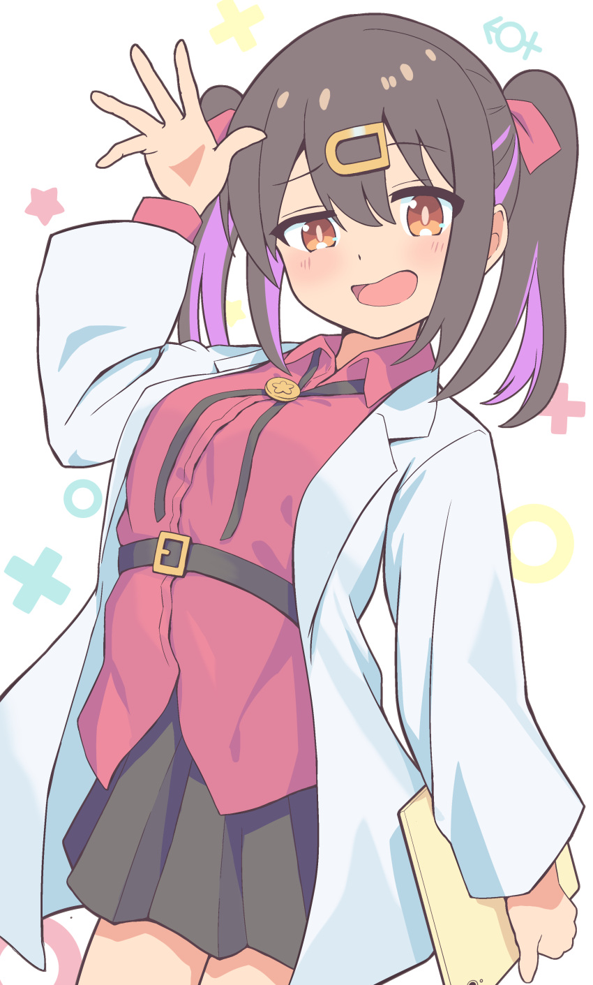 1girl :d absurdres belt black_hair commentary hair_ribbon hand_up highres holding holding_tablet_pc kemu1209 lab_coat long_hair long_sleeves looking_at_viewer male-female_symbol neck_ribbon onii-chan_wa_oshimai! open_mouth orange_eyes oyama_mihari ribbon skirt smile solo tablet_pc twintails
