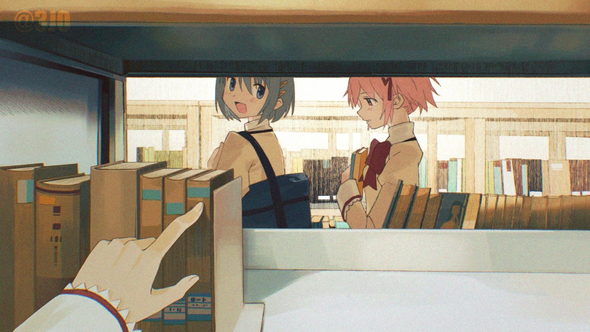 2girls :d bag blue_eyes blue_hair book bookshelf bookshelf_pov bow bowtie day from_side hair_ornament hairclip highres holding holding_book indoors jacket juliet_sleeves kaname_madoka long_sleeves looking_at_another looking_back looking_down mahou_shoujo_madoka_magica mahou_shoujo_madoka_magica_(anime) miki_sayaka mitakihara_school_uniform multiple_girls open_mouth out_of_frame parted_lips pink_eyes pink_hair profile puffy_sleeves red_bow red_bowtie santiao_bai_ban school school_bag school_uniform short_hair short_twintails smile twintails upper_body yellow_jacket