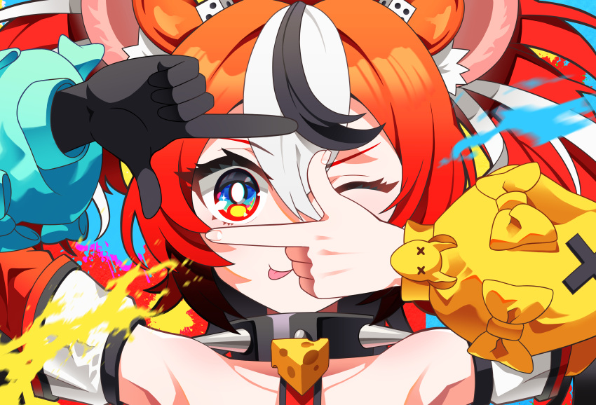 1girl absurdres animal_ears asymmetrical_sleeves blue_eyes collar detached_sleeves finger_frame gloves hakos_baelz highres hololive hololive_english mismatched_sleeves mouse_ears multicolored_hair one_eye_closed paint_splatter ppot redhead single_glove spiked_collar spikes streaked_hair tongue tongue_out twintails virtual_youtuber