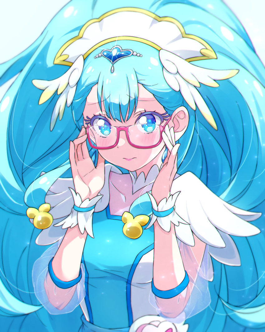 1girl adjusting_eyewear blue_eyes blue_hair blush breasts cure_ange dress earrings hair_ornament hat head_wings heart_pouch highres hugtto!_precure jewelry kyoutsuugengo long_hair looking_at_viewer magical_girl nurse_cap precure red-framed_eyewear see-through see-through_sleeves small_breasts smile solo thick_eyelashes very_long_hair wings wrist_cuffs yakushiji_saaya