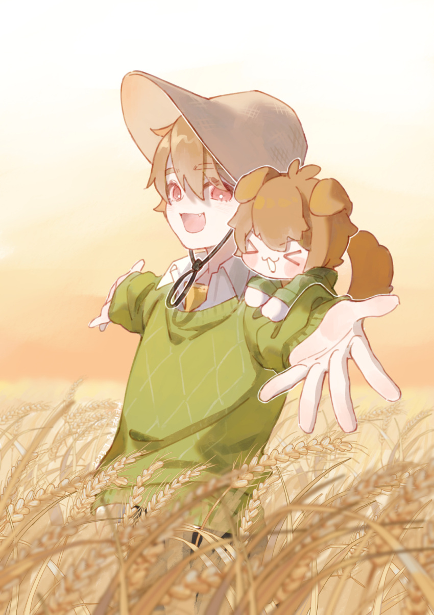 &gt;_&lt; 2boys :d animal_ears brown_hair brown_headwear closed_eyes collared_shirt day dog_ears dog_tail green_sweater hair_between_eyes highres littletreeee long_sleeves luke_pearce_(tears_of_themis) multiple_boys necktie outdoors outstretched_arms red_eyes shirt sleeves_past_wrists smile spread_arms sweater tail tears_of_themis thick_eyebrows upper_body wheat_field white_shirt xd yellow_necktie