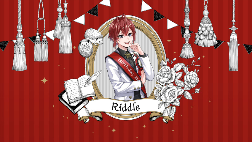 1boy black_eyes book character_name flower game_cg hedgehog highres jacket looking_at_viewer medium_hair official_art open_book open_mouth quill redhead riddle_rosehearts rose solo teeth twisted_wonderland upper_body upper_teeth_only white_jacket