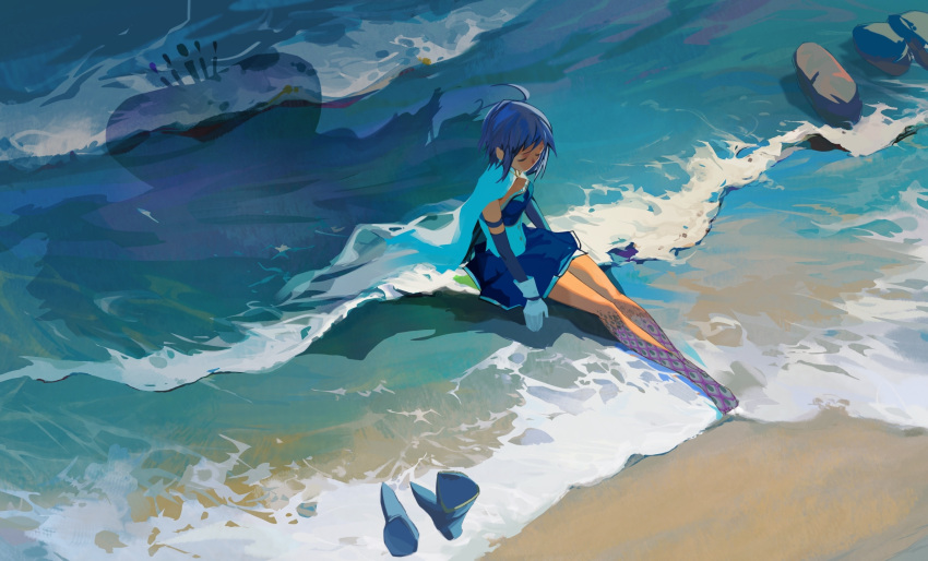 1girl ahoge barefoot beach blue_cape blue_footwear blue_gloves blue_hair blue_skirt bodice cape closed_eyes colored_skin day detached_sleeves different_shadow from_above gloves gradient_skin highres mahou_shoujo_madoka_magica mahou_shoujo_madoka_magica_(anime) miki_sayaka no_mouth ocean oktavia_von_seckendorff outdoors purple_skin rock sad shadow shoes shoes_removed short_hair sitting skirt solo water wide_shot xxxcxxxboom
