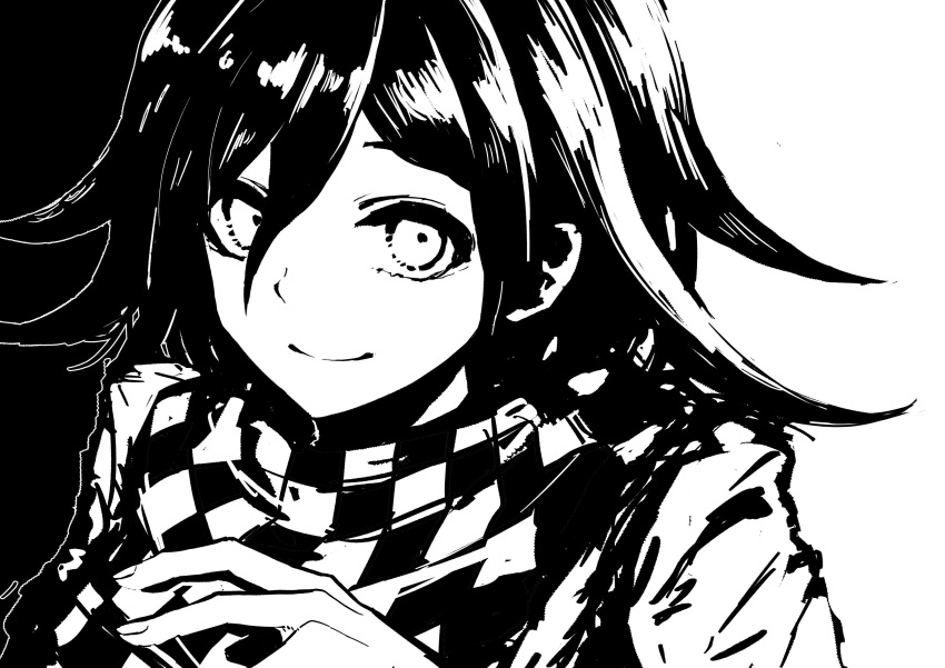 1boy absurdres black_background checkered_clothes checkered_scarf closed_mouth danganronpa_(series) danganronpa_v3:_killing_harmony flipped_hair greyscale hair_between_eyes hand_up highres kyua_moto long_sleeves male_focus medium_hair monochrome oma_kokichi scarf smile solo white_background
