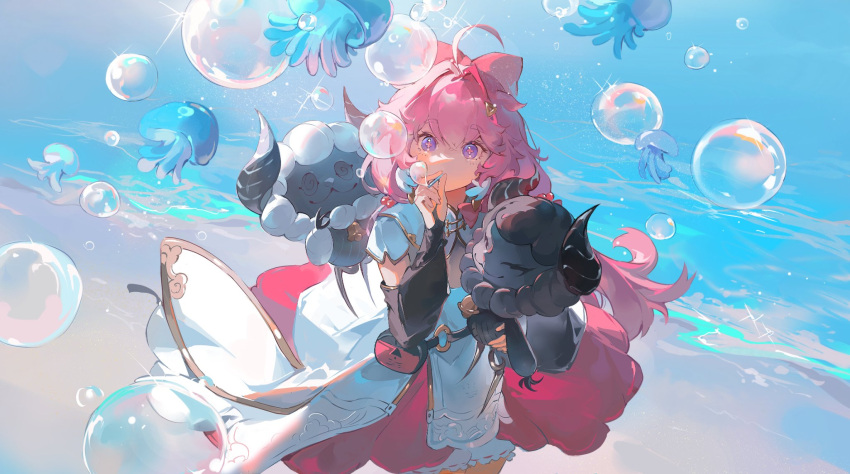 1girl ahoge anke_(wuthering_waves) beach bow bubble colorful detached_sleeves dress hair_between_eyes hair_bow hair_ornament highres horns jellyfish light long_hair looking_at_viewer low_twintails ocean pink_hair sand sidelocks solo standing twintails water wuthering_waves yunouou10