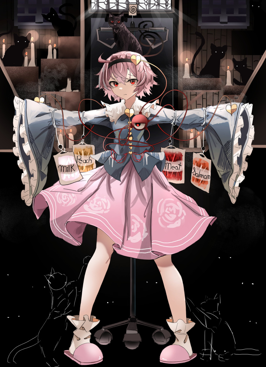 1girl absurdres bagged_milk blue_jacket cat english_text floral_print highres jacket komeiji_satori long_sleeves looking_at_viewer multiple_cats ougiikun outstretched_arms pink_hair pink_skirt red_eyes short_hair skirt solo touhou