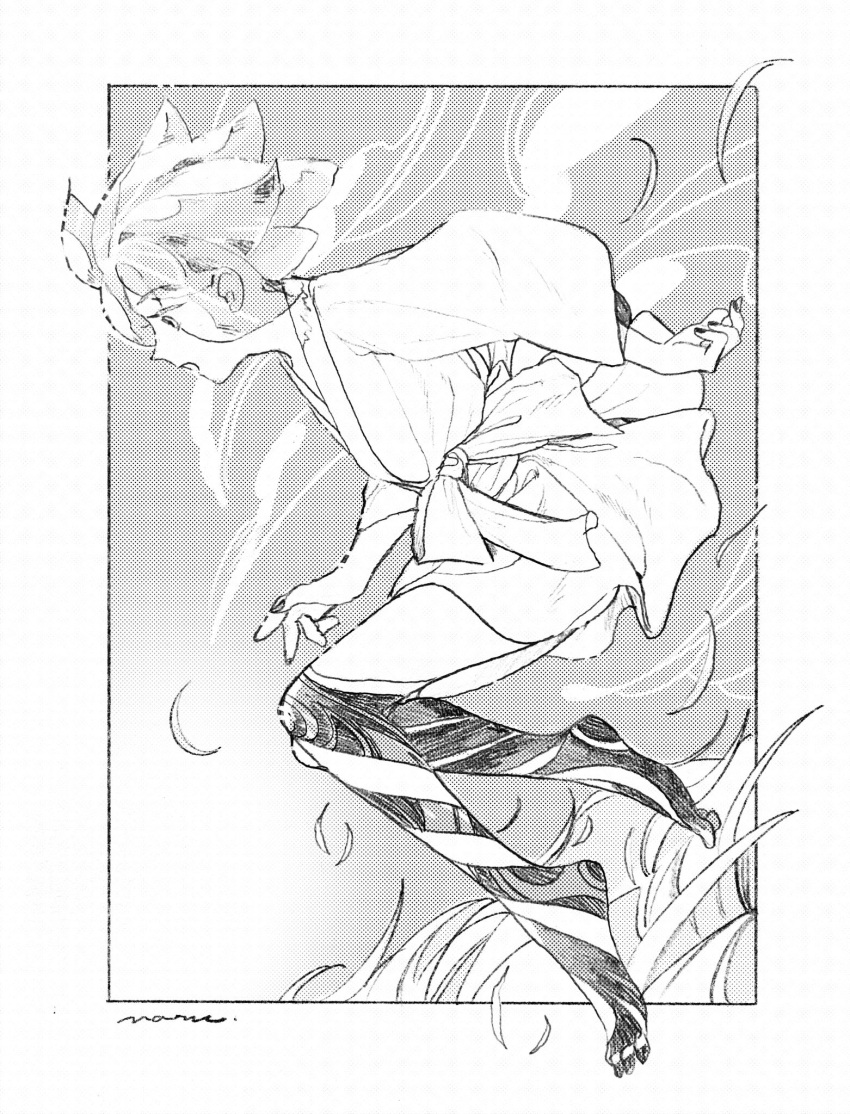 1other bare_arms barefoot border commentary day from_side full_body grass greyscale highres houseki_no_kuni jumping lililin long_sleeves monochrome open_mouth other_focus outside_border phosphophyllite profile robe short_hair signature simple_background solo spoilers striped_skin surprised translucent_hair wind