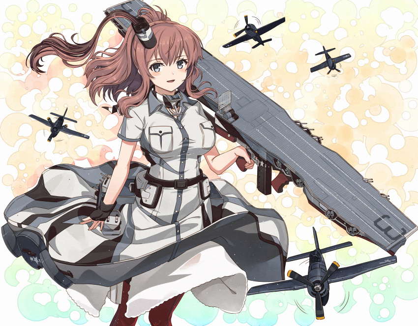 1girl absurdres aircraft black_gloves blush breast_pocket breasts brown_hair commentary_request commission fingerless_gloves flight_deck gloves grey_eyes hair_ornament high_side_ponytail highres holding kanmiya_shinobu kantai_collection large_breasts long_hair looking_at_viewer open_mouth pocket ponytail red_thighhighs saratoga_(kancolle) saratoga_mk_ii_(kancolle) short_sleeves simple_background single_glove skeb_commission smokestack_hair_ornament solo thigh-highs