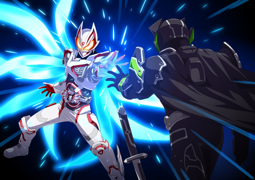 2boys animal_ears armor black_armor black_background black_bodysuit bodysuit boost_mark_ix_buckle bujinsword_buckle cape commentary desire_driver disarming driver_(kamen_rider) energy_ball extra_tails faceoff fox_mask from_side geats_buster_qb9 glowing glowing_eyes helmet highres holding holding_sword holding_weapon kamen_rider kamen_rider_geats kamen_rider_geats_(series) kamen_rider_geats_ix kamen_rider_tycoon kamen_rider_tycoon_bujinsword light_particles male_focus mask multiple_boys neon_trim night orb otokamu power_armor raccoon_ears red_eyes rider_belt signature sword sword_clash tokusatsu weapon yellow_eyes