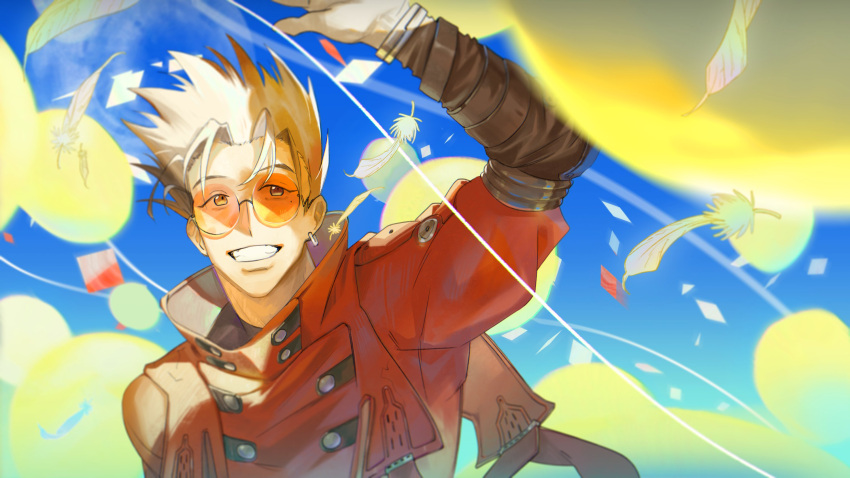 1boy arm_up balloon blonde_hair day earrings english_text falling_feathers glasses grin highres jacket jewelry long_sleeves male_focus mole mole_under_eye orange-tinted_eyewear outdoors red_jacket round_eyewear short_hair single_earring sky smile solo teeth thy_tin tinted_eyewear trigun upper_body vash_the_stampede