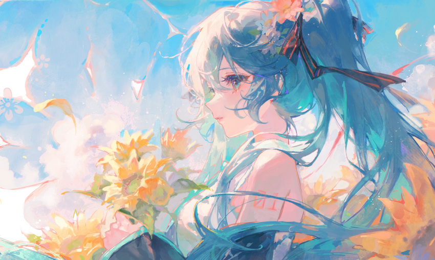 1girl absurdres aqua_eyes aqua_hair bare_shoulders black_sleeves blue_sky bow clouds commentary detached_sleeves falling_petals flower hair_between_eyes hair_bow hair_flower hair_ornament hatsune_miku highres holding holding_flower light long_hair looking_to_the_side maccha_(mochancc) parted_lips petals shirt sidelocks sky sleeveless sleeveless_shirt solo sunflower symbol-only_commentary twintails upper_body very_long_hair vocaloid wide_sleeves