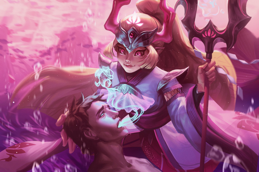 1boy 1girl alternate_costume blonde_hair brown_hair closed_mouth crown highres holding holding_staff japanese_clothes kimono league_of_legends long_hair long_sleeves nami_(league_of_legends) pink_eyes pointy_ears ponytail short_hair smile staff timo_(timotimo628) water wide_sleeves