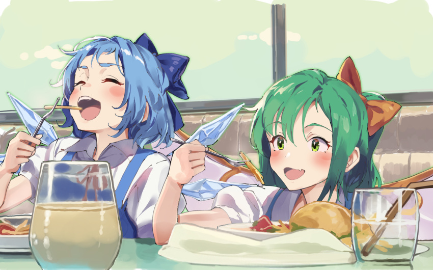 2girls :d bendy_straw blue_bow blue_dress blue_hair blue_wings blush bow brown_bow burger cirno collared_shirt commentary_request cup daiyousei detached_wings dress drink drinking_glass drinking_straw earrings fang food fork french_fries green_eyes green_hair hair_between_eyes hair_bow hair_intakes highres holding holding_fork ice ice_wings jewelry lamb_(hitsujiniku) long_hair multiple_girls neck_ribbon one_side_up plate puffy_short_sleeves puffy_sleeves red_ribbon ribbon shirt short_sleeves sleeveless sleeveless_dress smile thick_eyebrows touhou white_shirt window wings