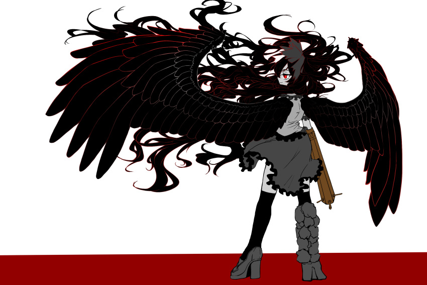 1girl arm_cannon asymmetrical_footwear bird_wings black_bow black_hair black_socks black_wings bow closed_mouth commentary_request control_rod feathered_wings floating_hair frilled_skirt frills from_behind full_body grey_footwear grey_skirt hair_bow high_heels highres kakigoori_(xm3lz) kneehighs limited_palette long_hair looking_afar mismatched_footwear red_background red_eyes reiuji_utsuho shirt shoes single_shoe skirt smile socks solo standing touhou very_long_hair weapon white_background white_shirt wings