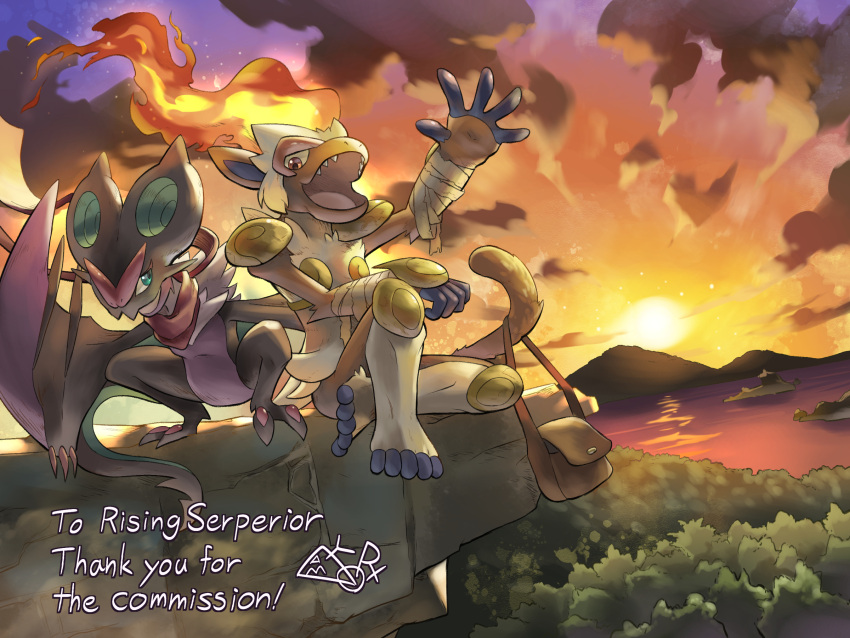 bag brown_bag english_text highres infernape looking_at_viewer no_humans noivern open_mouth outdoors pkdn_discovery pokemon pokemon_(creature) shoulder_bag signature sitting sunset tree water watermark waving