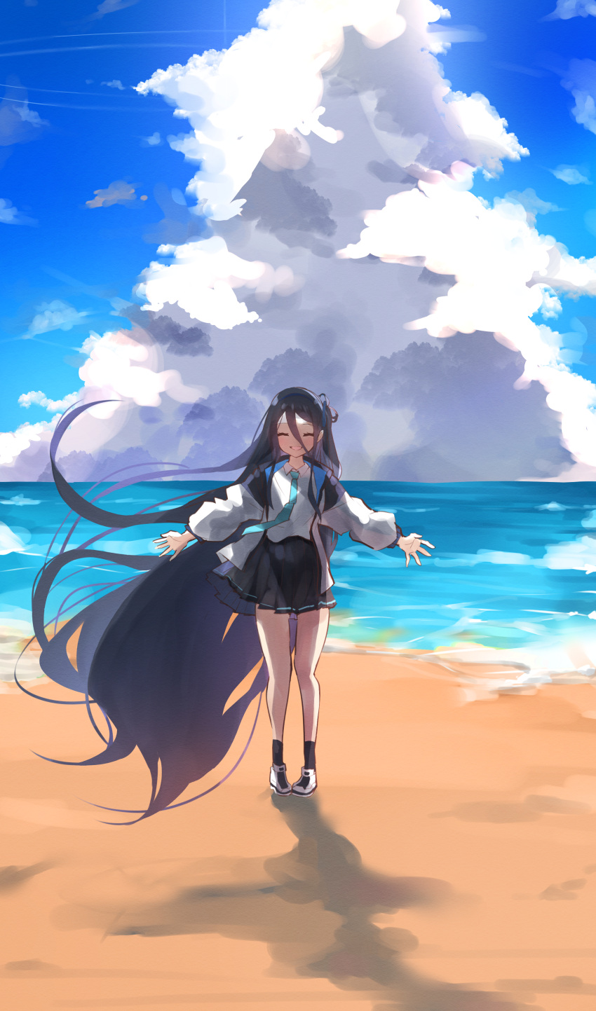 1girl ^_^ absurdres aris_(blue_archive) beach black_hair black_skirt blue_archive blush closed_eyes floating_hair full_body hair_between_eyes highres jacket long_hair outdoors outstretched_arms ryoutsu school_uniform shirt skirt smile solo straight_hair very_long_hair white_jacket white_shirt