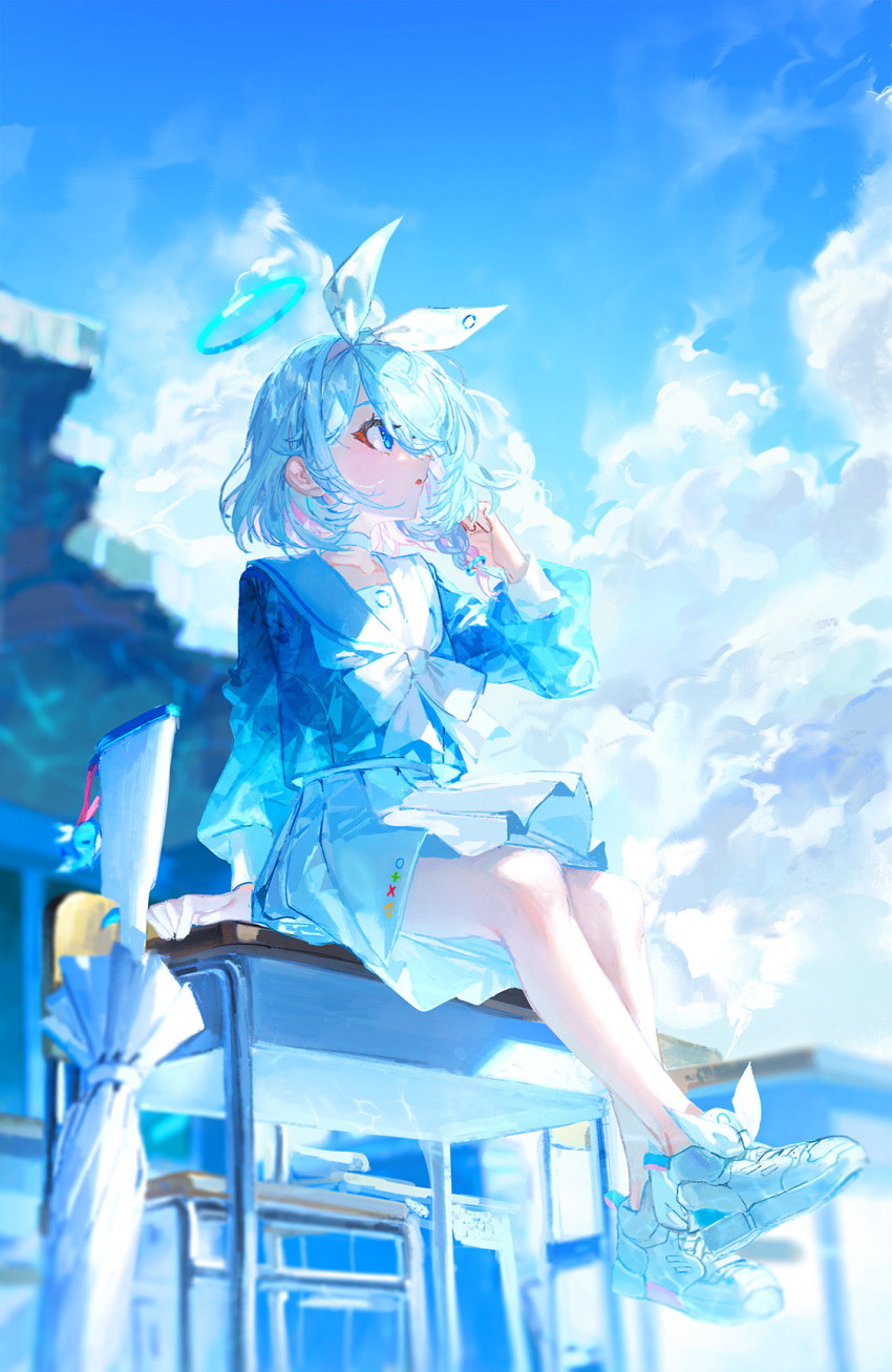 1girl arona_(blue_archive) bare_legs blue_archive blue_hair blue_shirt blue_sky blue_theme bow bowtie choker colored_inner_hair desk full_body hair_bow halo highres long_sleeves looking_up multicolored_hair on_desk parted_lips pink_hair quasarcake sailor_collar school_desk shirt sitting sitting_on_desk skirt sky solo two-tone_hair umbrella white_bow white_bowtie white_choker white_footwear white_sailor_collar white_skirt white_umbrella