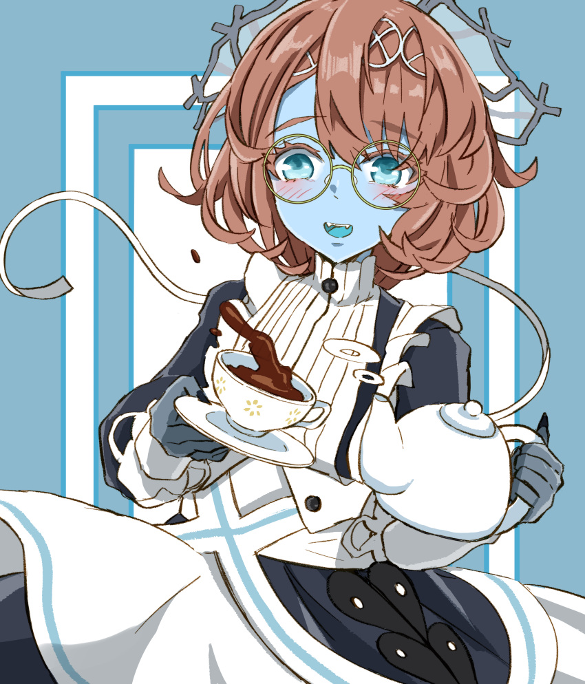 1girl absurdres blue_eyes blue_skin blue_tongue blush colored_skin colored_tongue cowboy_shot cup fangs fate/grand_order fate_(series) fingernails glasses grey_headwear highres holding holding_plate holding_teapot long_fingernails maid open_mouth orange_hair plate round_eyewear shimogamo_(shimomo_12) short_hair solo teacup teapot van_gogh_(fate) van_gogh_(second_ascension)_(fate)