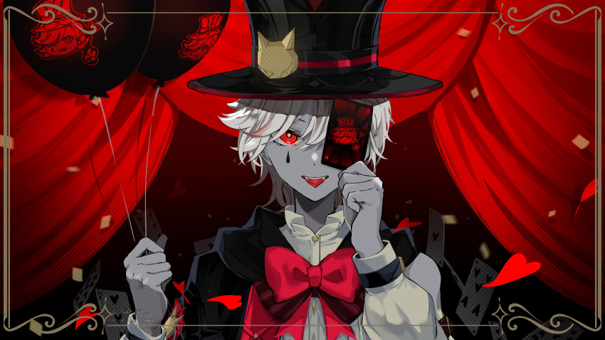 1boy absurdres androgynous artist_name balloon black_background black_cape black_headwear bow bowtie buttons cape card cat_hat_ornament character_print confetti covering_one_eye curtains fang fangs genshin_impact gradient_background grey_hair hair_between_eyes hands_up hat hat_ornament heart heart_print highres holding holding_balloon holding_card long_sleeves looking_at_viewer lyney_(genshin_impact) male_focus open_mouth playing_card puffy_long_sleeves puffy_sleeves red_background red_bow red_bowtie red_eyes shirt short_hair solo sparkle teardrop_facial_mark teeth tongue tongue_out top_hat upper_body uwie watermark white_shirt