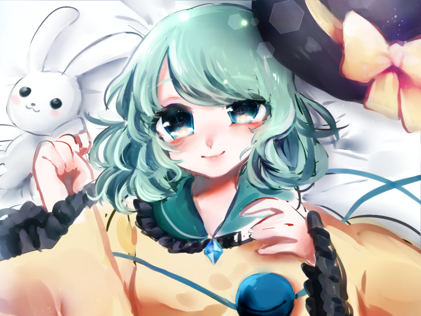 1girl bed bed_sheet black_headwear blue_eyes blue_hair blush bow buttons clenched_hand closed_mouth commentary diamond_button frilled_sailor_collar frilled_sleeves frills green_sailor_collar hand_on_own_chest hat hat_bow hat_ribbon headwear_removed heart heart_of_string komeiji_koishi long_sleeves lying on_back on_bed ribbon sailor_collar shirt short_hair smile stuffed_animal stuffed_rabbit stuffed_toy sunlight suzune_hapinesu third_eye touhou upper_body wavy_hair wide_sleeves yellow_bow yellow_ribbon yellow_shirt