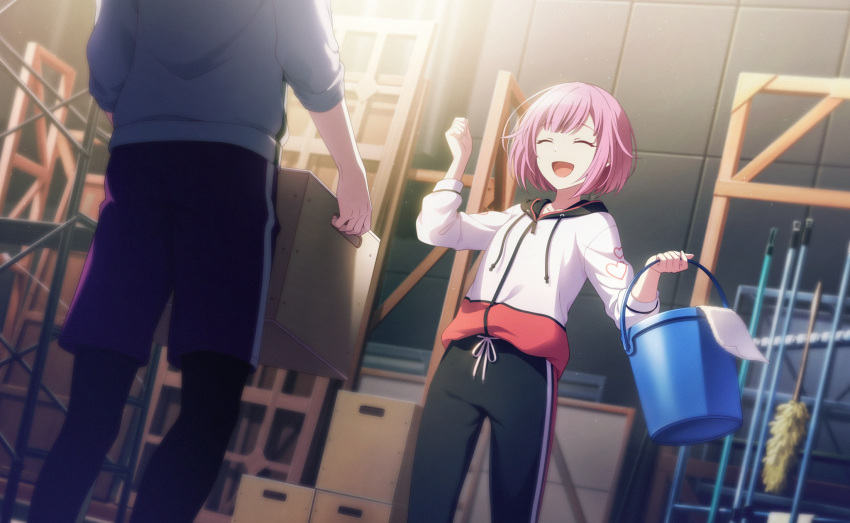 1girl 1other bucket closed_eyes dress holding_box holding_bucket light official_art ootori_emu open_mouth pink_hair project_sekai short_hair smile solo_focus