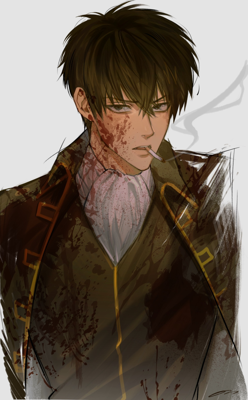 1boy black_eyes black_hair black_jacket black_vest blood blood_on_clothes blood_on_face cigarette gintama highres hijikata_toushirou holding holding_cigarette jacket looking_at_viewer male_focus mouth_hold on0n open_mouth shirt short_hair simple_background smoking solo tsurime upper_body vest white_background white_shirt