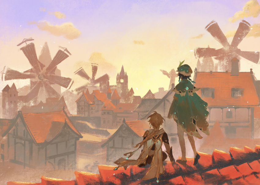 2boys absurdres aether_(genshin_impact) ahoge arm_armor back beret black_footwear black_hair blonde_hair blue_gemstone blue_hair braid brown_gloves brown_pants brown_shirt cape clouds cloudy_sky commentary_request earrings evening gem genshin_impact gloves gradient_hair gradient_sky green_cape green_headwear green_shorts hair_ornament hat hat_ornament highres house jewelry leaf leaf_hat_ornament long_hair multicolored_hair multiple_boys outdoors pants pantyhose purple_sky scarf shirt shoes short_hair short_sleeves shorts single_earring sitting sky standing town twin_braids venti_(genshin_impact) vision_(genshin_impact) white_pantyhose white_scarf windmill window yellow_sky zuu_(kyuudo9)