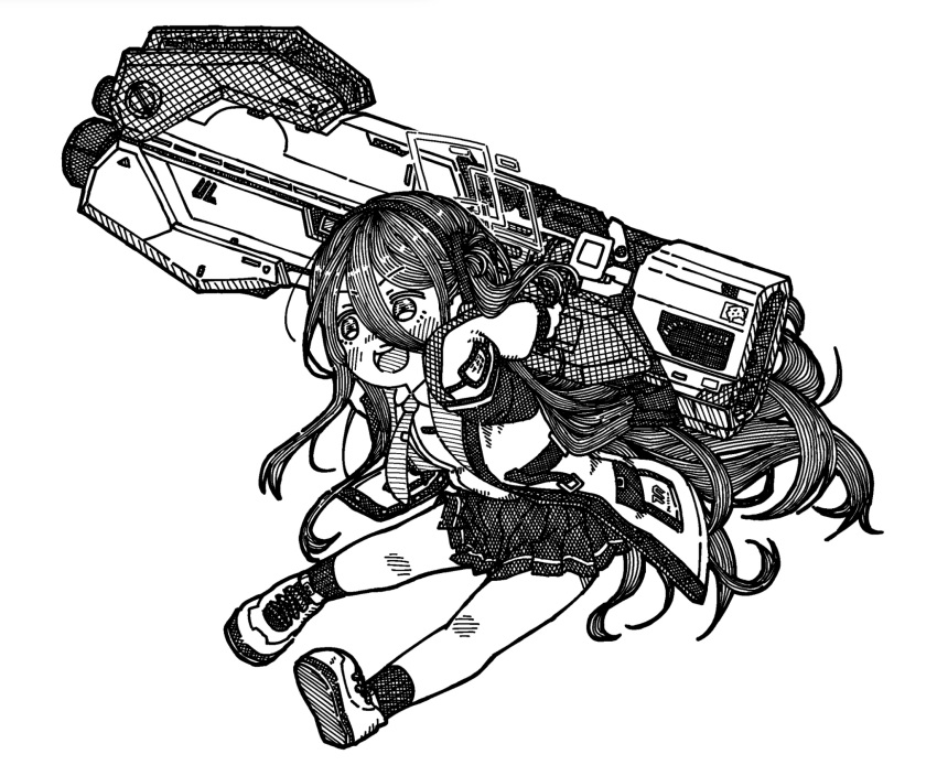 1girl aris_(blue_archive) arms_behind_head blue_archive blush commentary ganbarutoufu gun hair_between_eyes halo highres holding holding_gun holding_weapon huge_weapon jacket legs long_hair long_sleeves looking_ahead midair miniskirt monochrome necktie open_clothes open_jacket open_mouth pleated_skirt railgun shirt shoes side_ponytail sidelocks skirt smile sneakers socks solo teeth thighs upper_teeth_only v-shaped_eyebrows very_long_hair weapon white_background