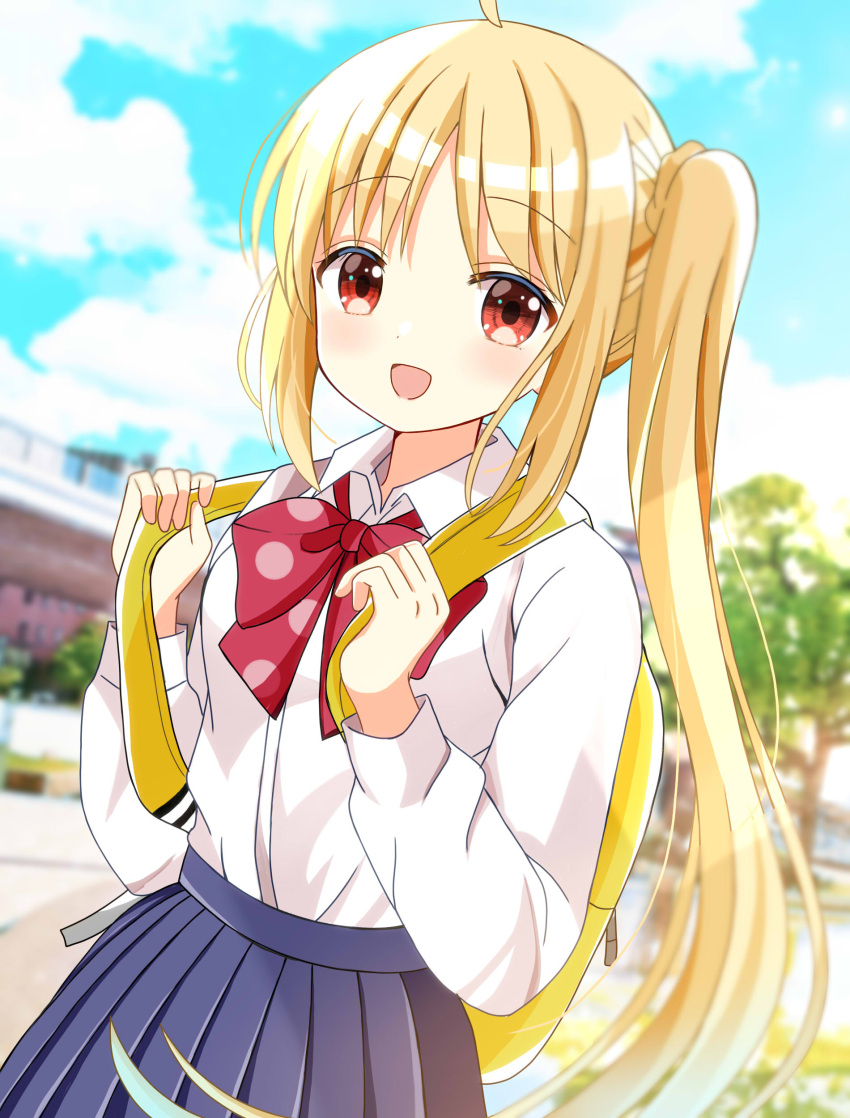 1girl :d absurdres ahoge backpack bag blonde_hair blue_skirt blurry blurry_background bocchi_the_rock! bow braid collared_shirt commentary_request day depth_of_field dress_shirt hands_up highres ijichi_nijika long_hair long_sleeves looking_at_viewer outdoors parted_bangs pleated_skirt polka_dot polka_dot_bow puffy_long_sleeves puffy_sleeves red_bow red_eyes ryoutan shirt side_ponytail sidelocks skirt smile solo very_long_hair white_shirt
